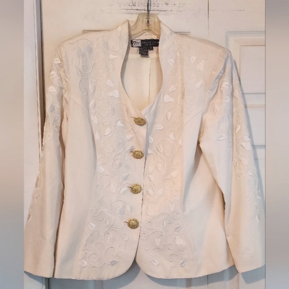Morgan Taylor Evening Ivory Cream  Embroidered Silk Jacket Vintage READ FLAW